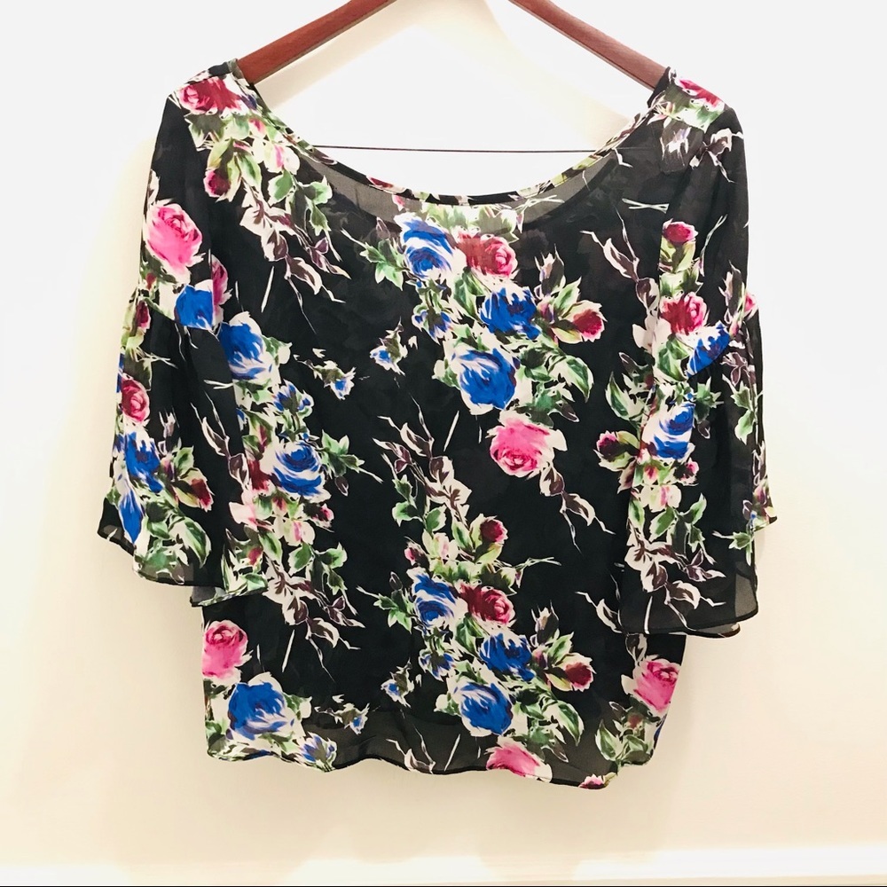 Milly Melinda Silk Floral Top medium sheer black purple blue green